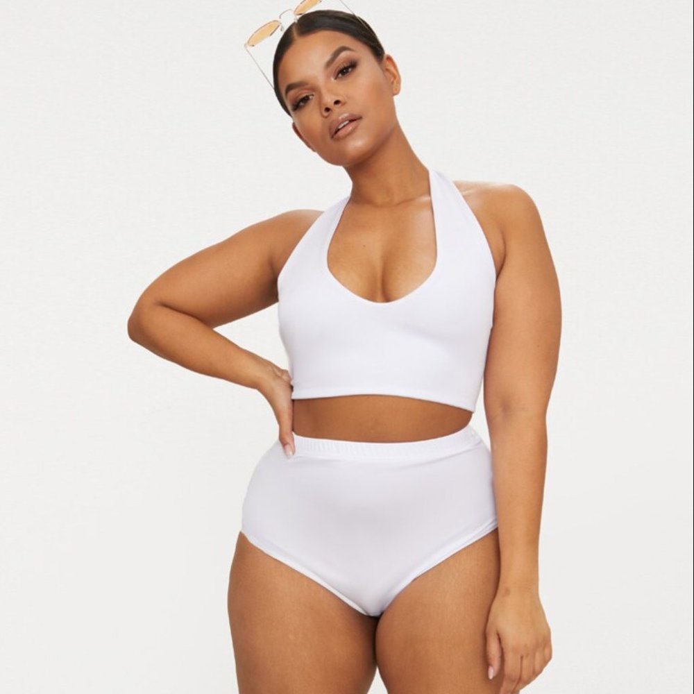 COPY - Plus Halterneck High Waist Bikini Set - White